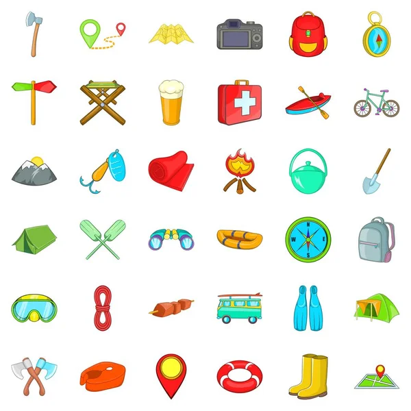 Hiking in nature icons set, cartoon style