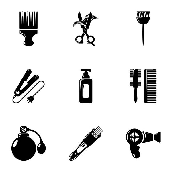 Woman hairdresser tools icons set, simple style
