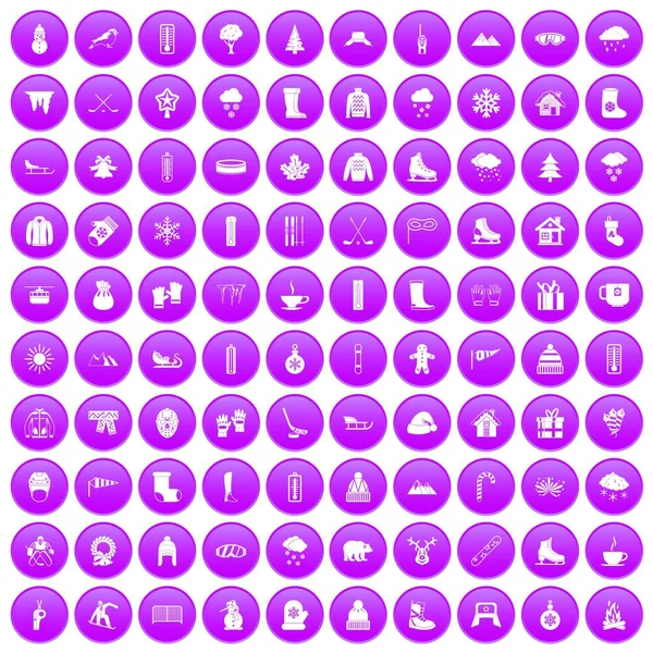 100 ícones de inverno conjunto roxo —  Vetores de Stock