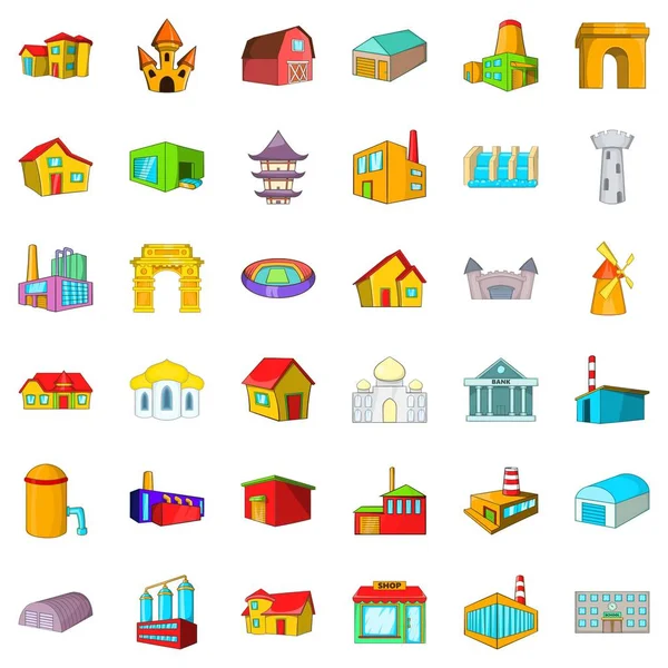 Conjunto de iconos de edificio de ciudad, estilo de dibujos animados — Vector de stock