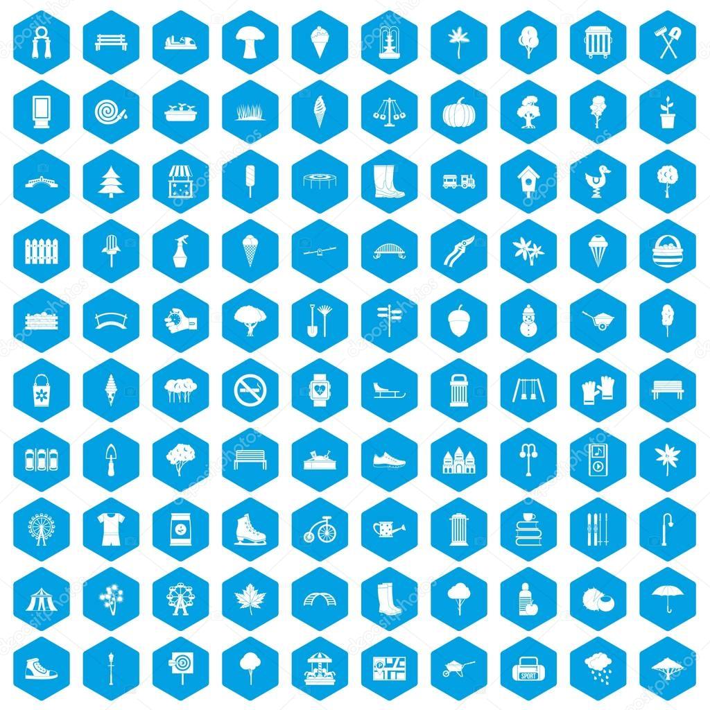 100 park icons set blue