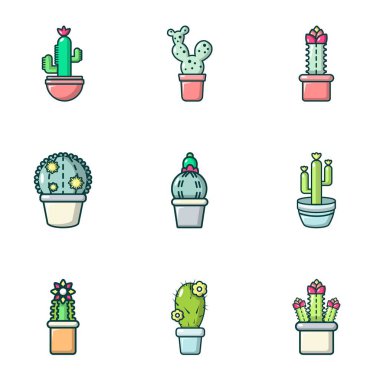 Kaktüs bir pot Icons set, anahat stili