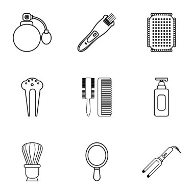 Kuaför araçları Icons set, anahat stili