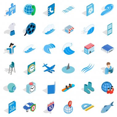 Mavi uçak Icons set, izometrik stili