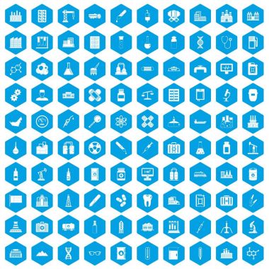 100 kimyasal sanayi simgeleri mavi ayarla