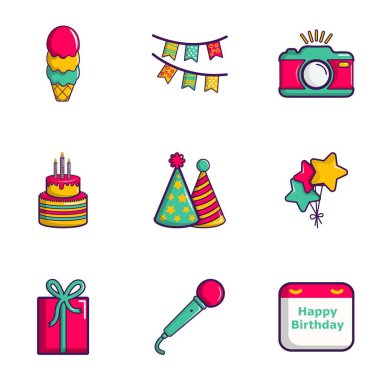 Doğum günü ekipman Icons set, düz stil