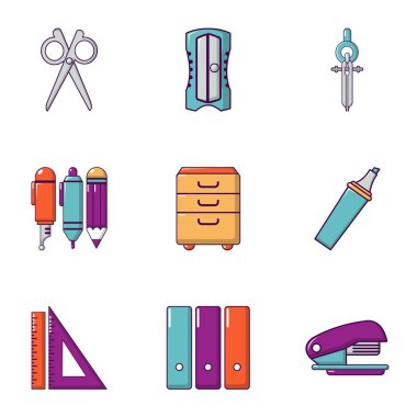 Okul malzeme simgeler ayarla, stil düz