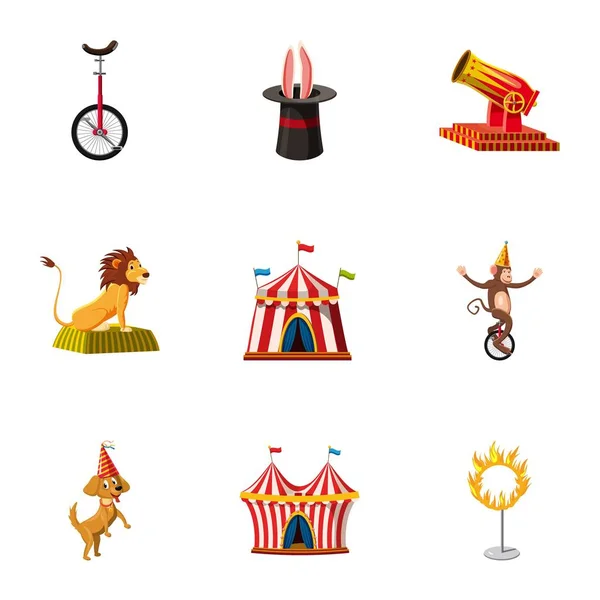 Cirkusová show ikony set, kreslený styl — Stockový vektor