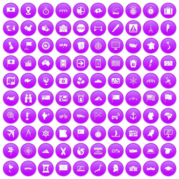 100 Kartographie-Ikonen lila gesetzt — Stockvektor