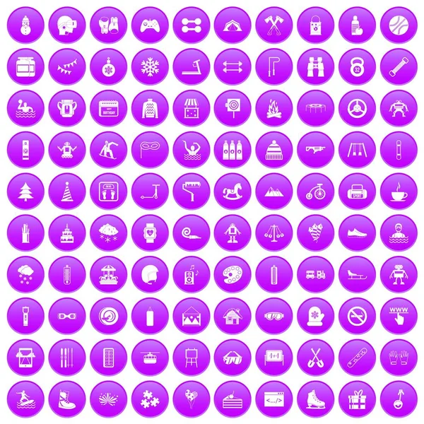 100 activités pour enfants icônes ensemble violet — Image vectorielle