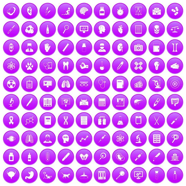 100 diagnostic icons set purple — Stock Vector