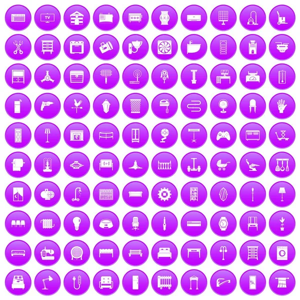 100 icônes d'ameublement ensemble violet — Image vectorielle