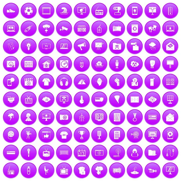 100 icônes TV ensemble violet — Image vectorielle