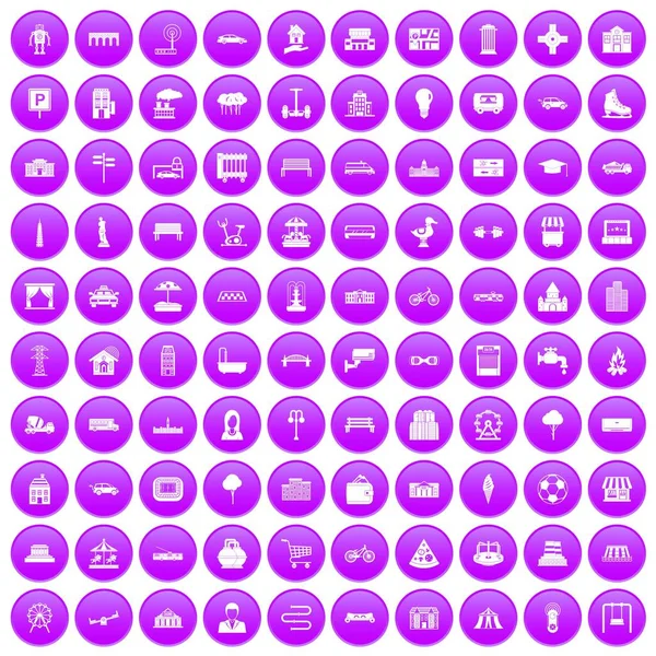 100 icônes urbaines ensemble violet — Image vectorielle