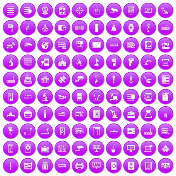 100 hardware icons set purple — Stock Vector