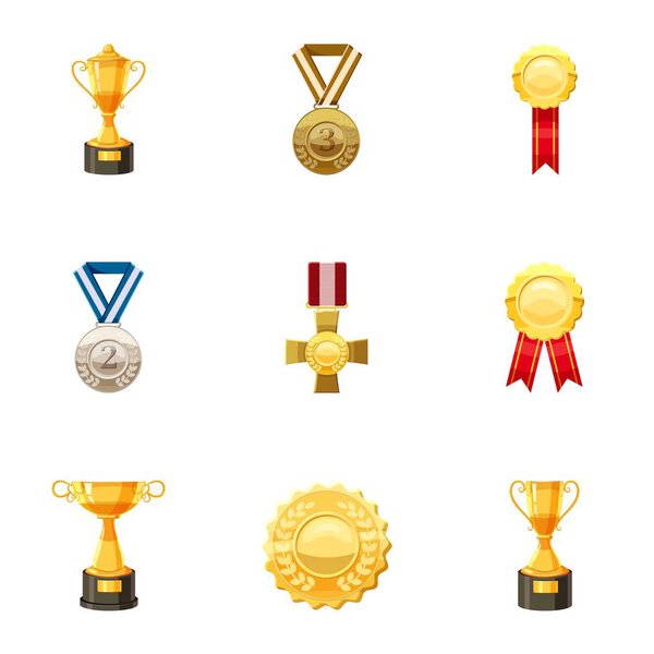 Medals and awards icons set, cartoon style