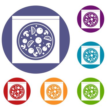 Pizza salam, mantar, domates Icons set