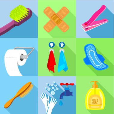 Banyo ekipmanları simgeler ayarla, stil düz