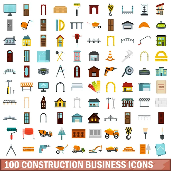 De pictogrammen van de bedrijfs van de bouw van het 100 instellen, vlakke stijl — Stockvector