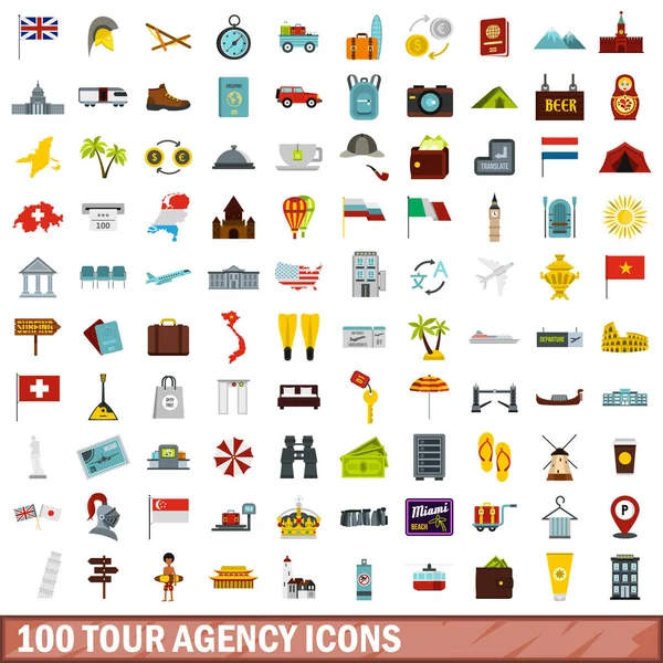 100 conjunto de iconos de agencia de viajes, estilo plano — Archivo Imágenes Vectoriales