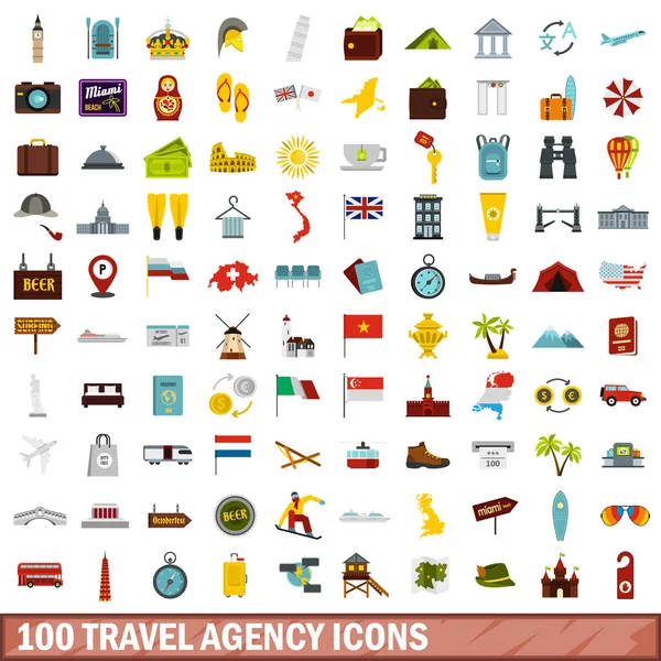 Conjunto de 100 iconos de agencia de viajes, estilo plano — Archivo Imágenes Vectoriales