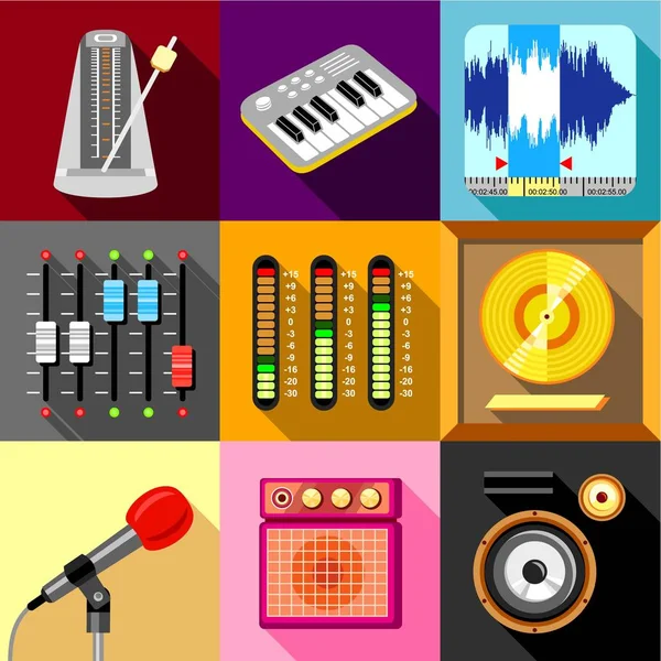 Set d'icônes studio d'enregistrement sonore, style plat — Image vectorielle