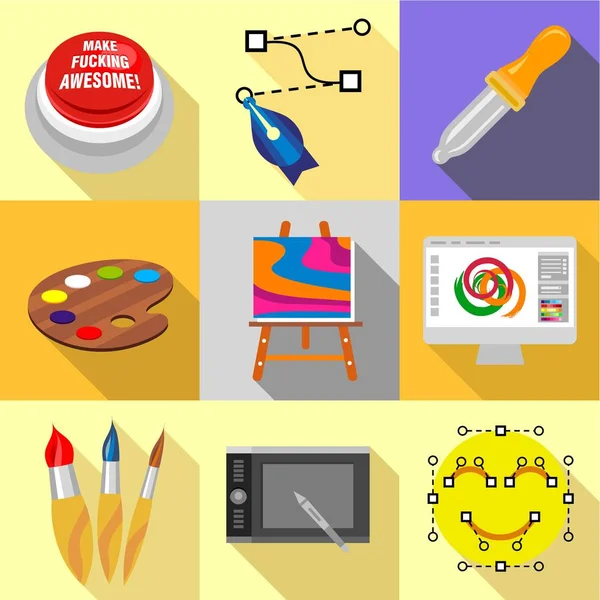 Art school iconen set, vlakke stijl — Stockvector