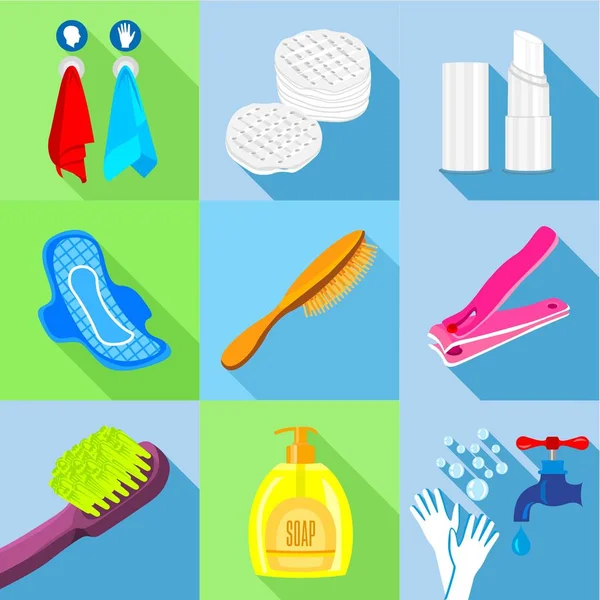 Banyo maddeleri Icons set, düz stil