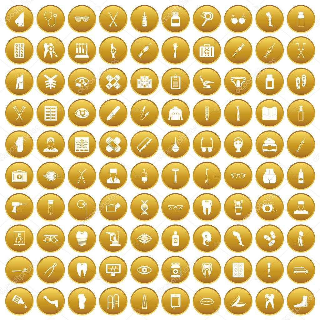 100 pharmacy icons set gold