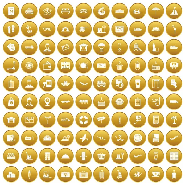 100 luggage icons set gold — Stock Vector