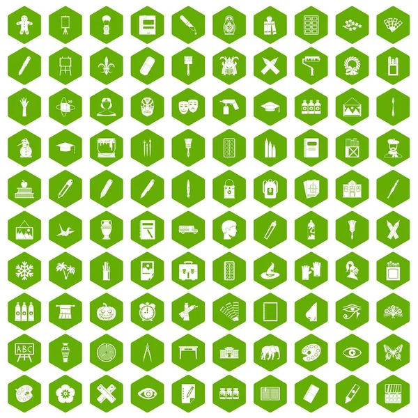 100 festék iskolai ikonok hatszög zöld — Stock Vector