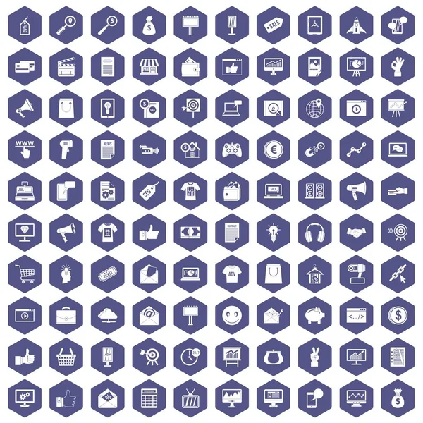 100 iconos de marketing online hexágono púrpura — Vector de stock