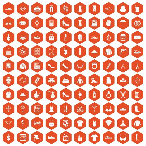 100 женских аксессуаров иконы шестиугольник оранжевый — стоковый вектор