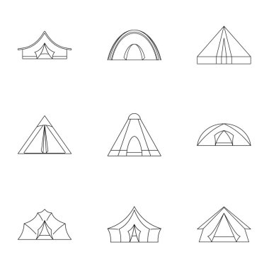 Seyahat çadır formu simge seti, anahat stili