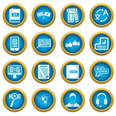 Öğrenme yabancı dil simgeleri mavi daire seti