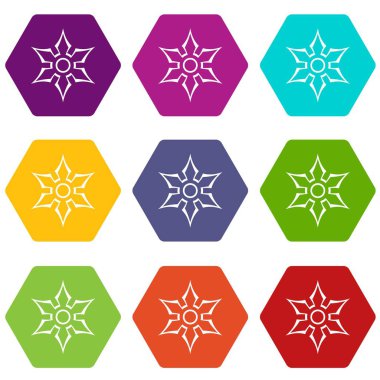 Renk altı yüzlü Ninja shuriken yıldız silah Icon set