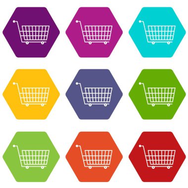 Renk altı yüzlü büyük boş süpermarket arabası Icon set
