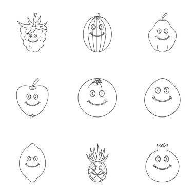 Komik meyve yüz simge seti, anahat stili
