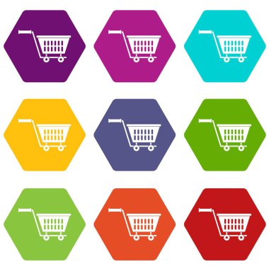 Renk altı yüzlü plastik alışveriş arabası Icon set