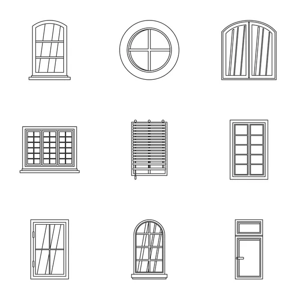Набор значков окна дома, стиль контура — стоковый вектор