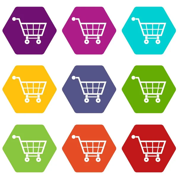 Renk altı yüzlü alışveriş sepeti Icon set