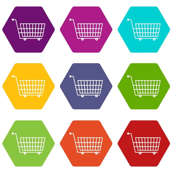 Velký supermarket prázdný vozík ikonu nastavit barevné tyče — Stockový vektor