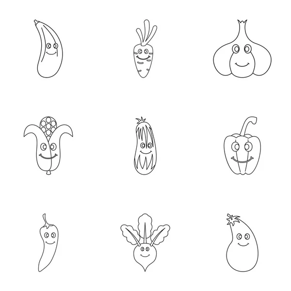 Conjunto de iconos de cara de verduras divertidas, estilo de esquema — Vector de stock