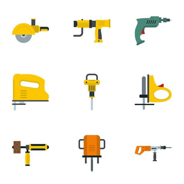 Electric power tool icon set, flat style