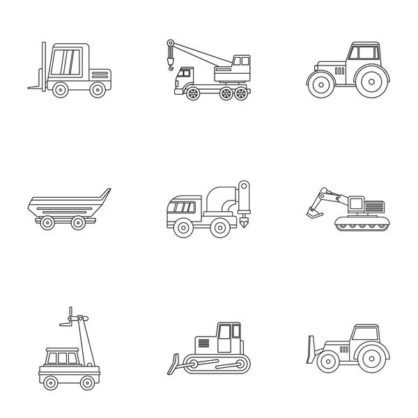 Conjunto de iconos de vehículos pesados industriales, estilo de contorno — Vector de stock