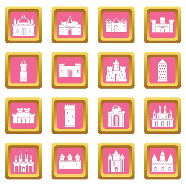 Torres y castillos iconos rosa — Vector de stock
