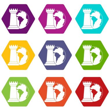 Dünya gezegen ve satranç simge kümesi renk altı yüzlü çaylak