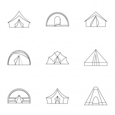 Seyahat çadır simge seti, anahat stili