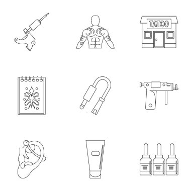 Dövme salonu Aksesuar simge seti, anahat stili