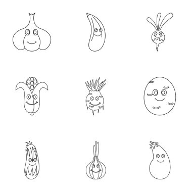 Komik sebze simge seti, anahat stili karakter